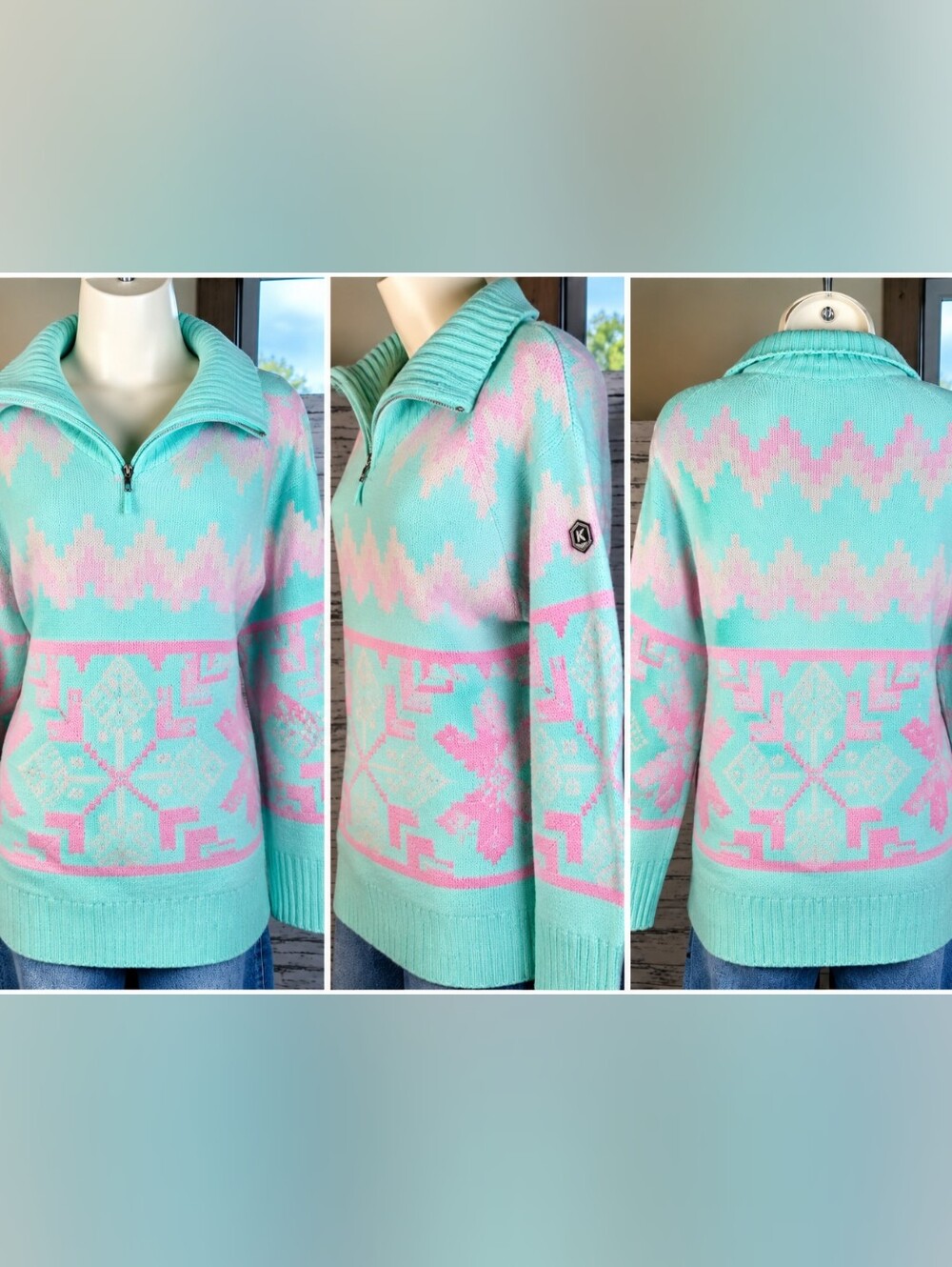 Kari Traa Amelia Knit Quarter Zip Sweater Large Wave Nordic NWT